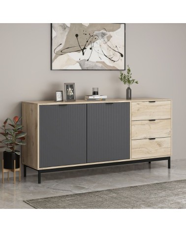 Madia Esta 180 con 2 ante colore antracite effetto cannettato e 3 cassetti rovere sonoma