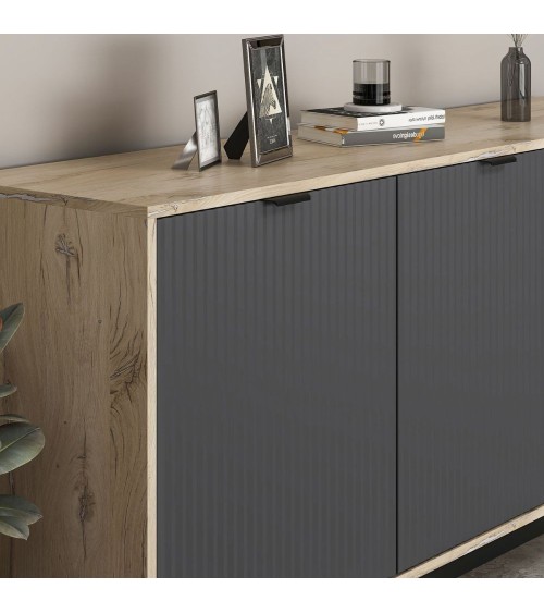 Madia Esta 180 con 2 ante colore antracite effetto cannettato e 3 cassetti rovere sonoma