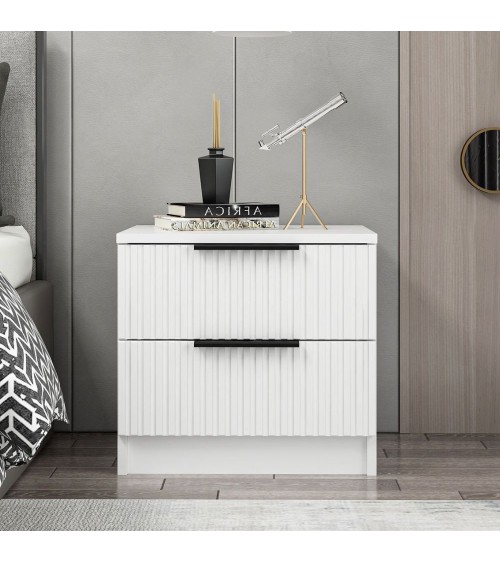Comodino Kale con 2 cassetti a filo effetto cannettato colore bianco