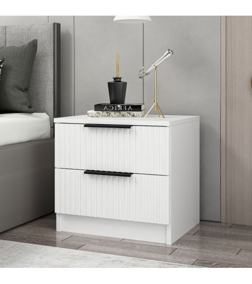 Comodino Kale con 2 cassetti a filo effetto cannettato colore bianco