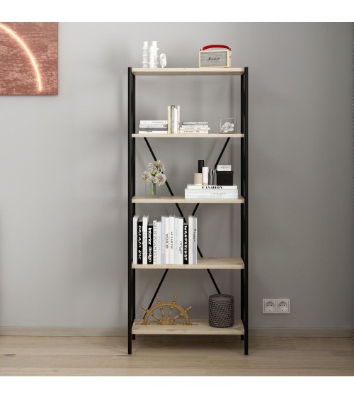 Libreria Axel con struttura in metallo nero e 5 mensole in rovere sonoma