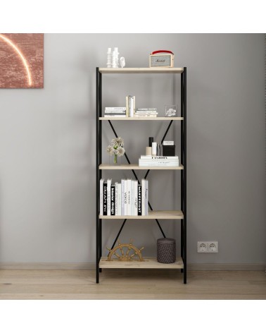 Libreria Axel con struttura in metallo nero e 5 mensole in rovere sonoma