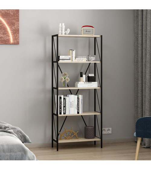 Libreria Axel con struttura in metallo nero e 5 mensole in rovere sonoma