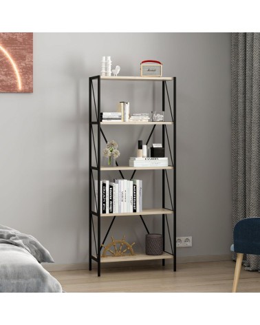 Libreria Axel con struttura in metallo nero e 5 mensole in rovere sonoma