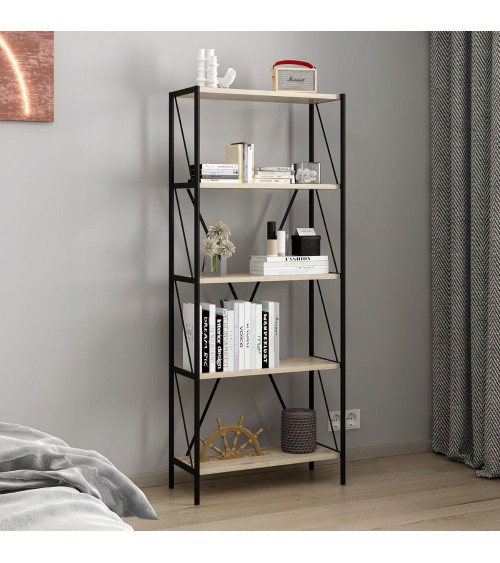 Libreria Axel con struttura in metallo nero e 5 mensole in rovere sonoma