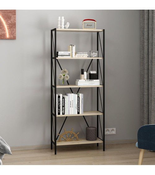 Libreria Axel con struttura in metallo nero e 5 mensole in rovere sonoma