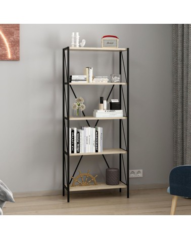 Libreria Axel con struttura in metallo nero e 5 mensole in rovere sonoma