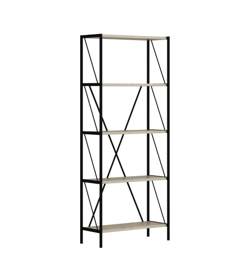 Libreria Axel con struttura in metallo nero e 5 mensole in rovere sonoma