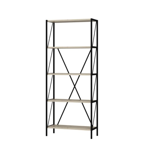 Libreria Axel con struttura in metallo nero e 5 mensole in rovere sonoma