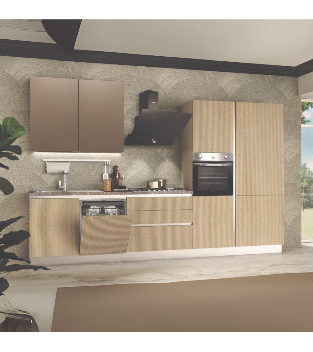 Cucina completa Lily Destra con struttura in grigio perla pensili in ossido e basi e colonne sabbia