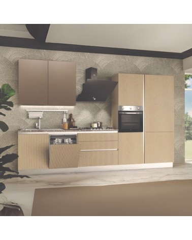 Cucina completa Lily Destra con struttura in grigio perla pensili in ossido e basi e colonne sabbia