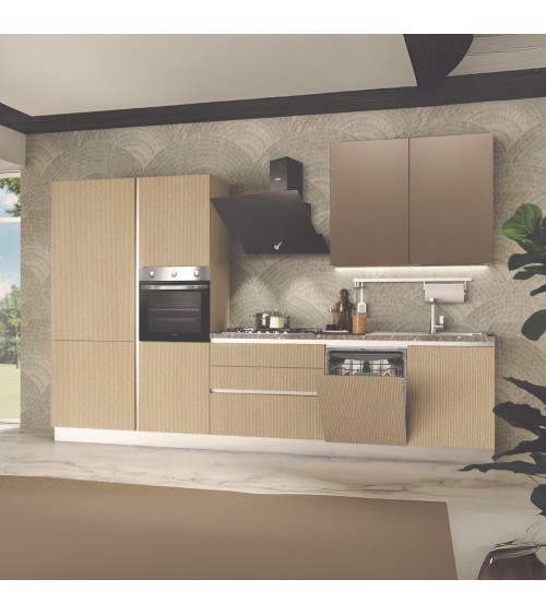 Cucina completa Lily Sinistra con struttura in grigio perla pensili in ossido e basi e colonne sabbia