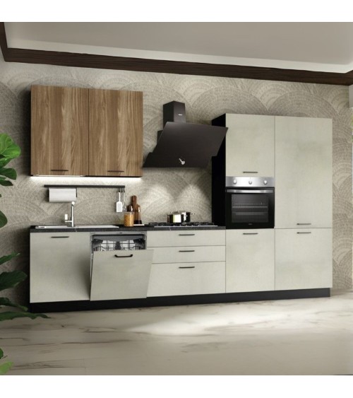 Cucina completa Micol destra con struttura in antracite basi e colonne in cemento bianco e pensili in olmo tabacco