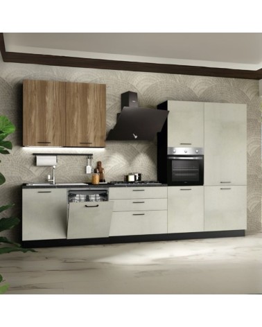 Cucina completa Micol destra con struttura in antracite basi e colonne in cemento bianco e pensili in olmo tabacco
