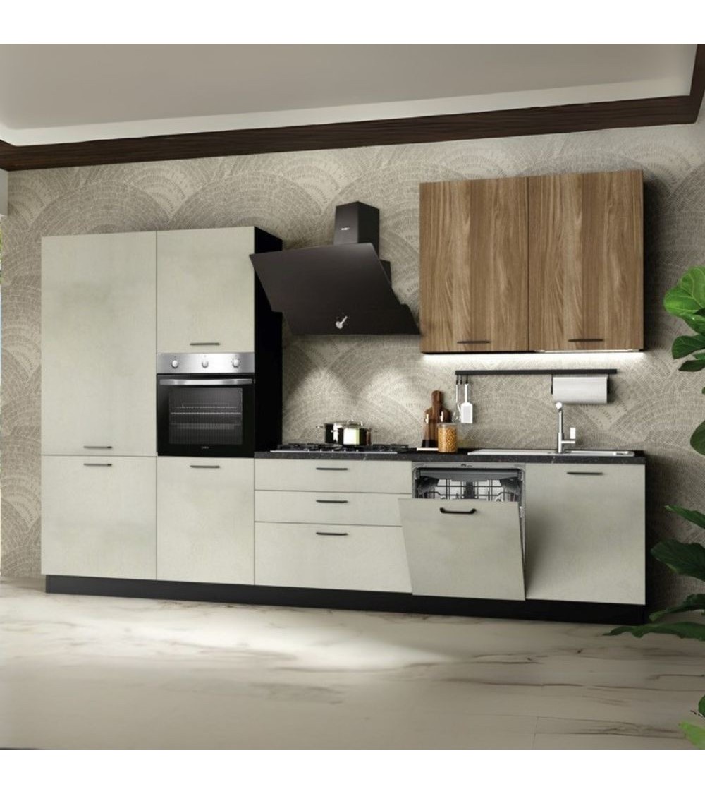 Cucina completa Micol sinistra con struttura in antracite basi e colonne in cemento bianco e pensili in olmo tabacco