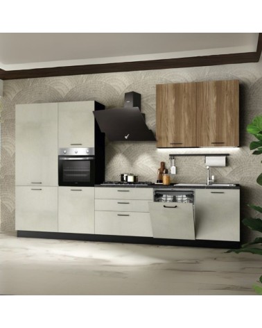 Cucina completa Micol sinistra con struttura in antracite basi e colonne in cemento bianco e pensili in olmo tabacco