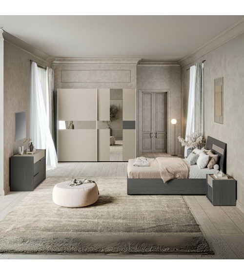 Camera da letto Tania con armadio 2 ante scorrevoli con specchi e letto contenitore in legno in colori grigio e talco