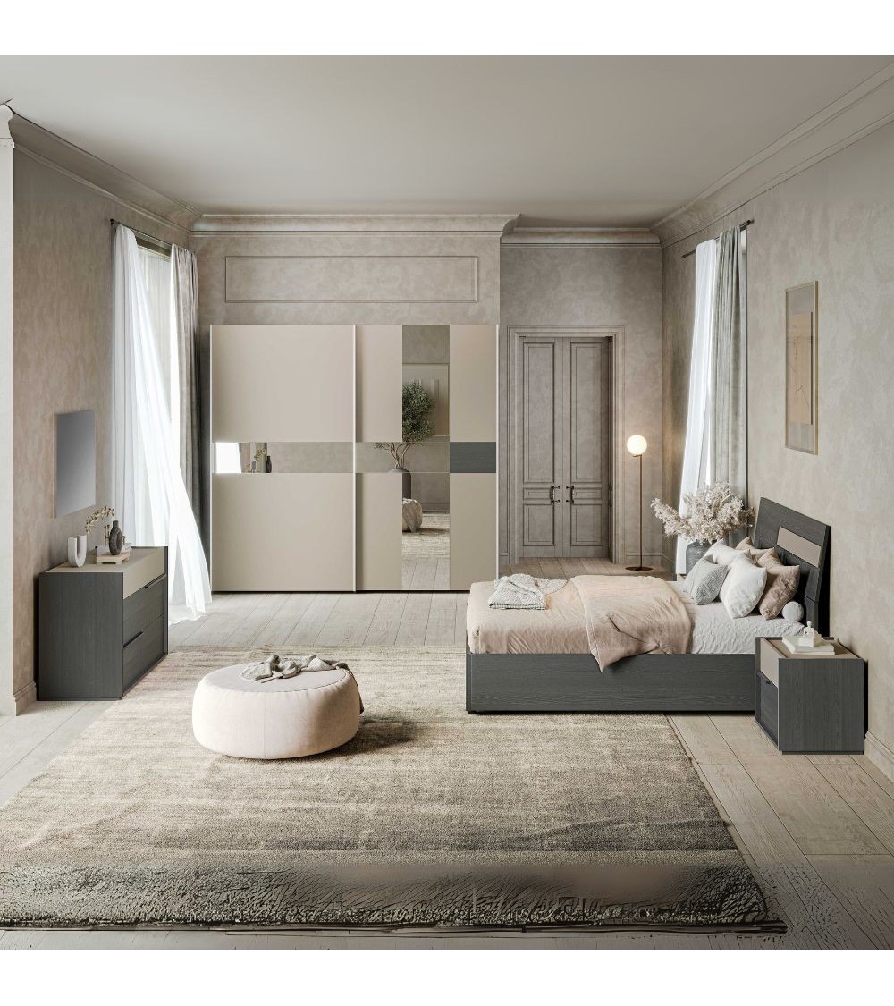 Camera da letto Tania con armadio 2 ante scorrevoli con specchi e letto contenitore in legno in colori grigio e talco