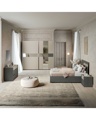 Camera da letto Tania con armadio 2 ante scorrevoli con specchi e letto contenitore in legno in colori grigio e talco