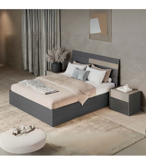 Camera da letto Tania con armadio 2 ante scorrevoli con specchi e letto contenitore in legno in colori grigio e talco