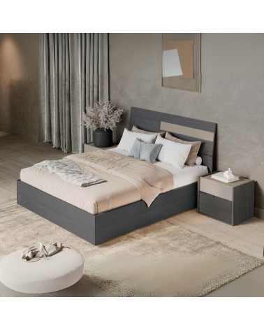 Camera da letto Tania con armadio 2 ante scorrevoli con specchi e letto contenitore in legno in colori grigio e talco