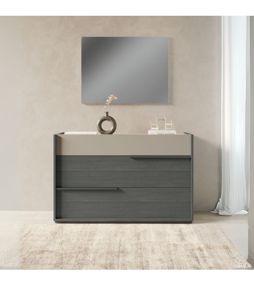 Camera da letto Tania con armadio 2 ante scorrevoli con specchi e letto contenitore in legno in colori grigio e talco