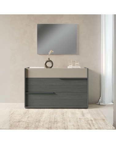 Camera da letto Tania con armadio 2 ante scorrevoli con specchi e letto contenitore in legno in colori grigio e talco