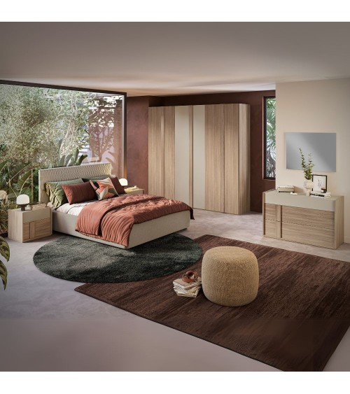 Camera da letto Faba con armadio 6 ante battenti in noce e talco e con letto contenitore imbottito Parigi in tessuto corda