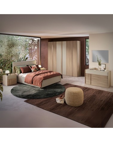 Camera da letto Faba con armadio 6 ante battenti in noce e talco e con letto contenitore imbottito Parigi in tessuto corda