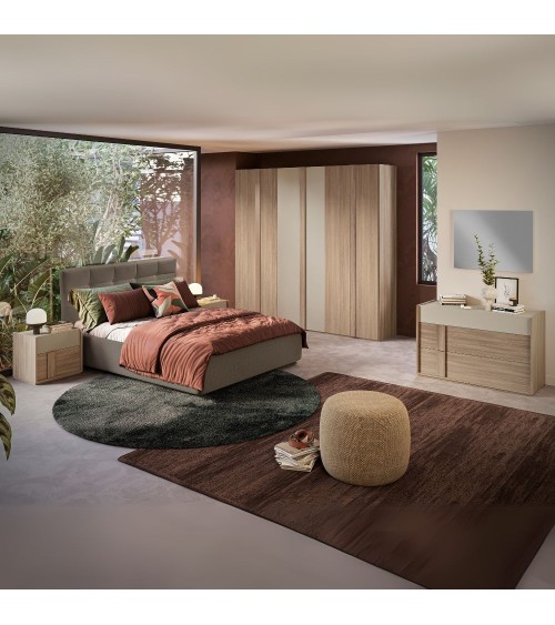 Camera da letto Faba con armadio 6 ante battenti noce e talco e letto contenitore imbottito Napoli tortora