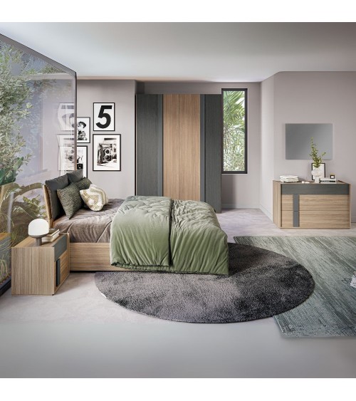 Camera da letto Faba con armadio 4 ante noce e grigio e letto contenitore in legno noce