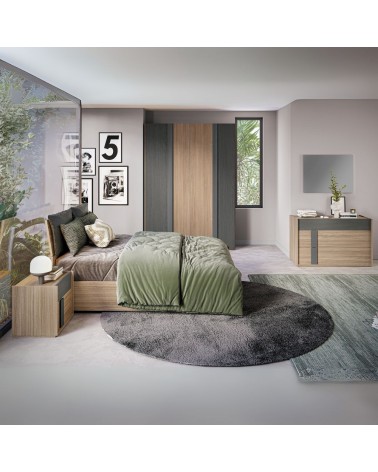 Camera da letto Faba con armadio 4 ante noce e grigio e letto contenitore in legno noce