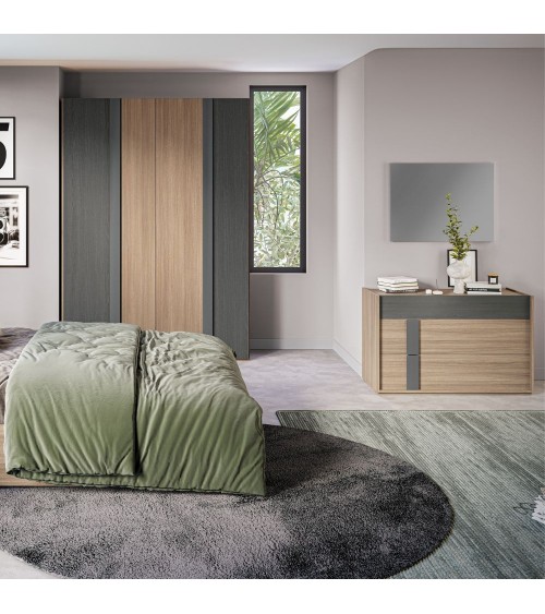 Camera da letto Faba con armadio 4 ante noce e grigio e letto contenitore in legno noce