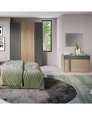 Camera da letto Faba con armadio 4 ante noce e grigio e letto contenitore in legno noce