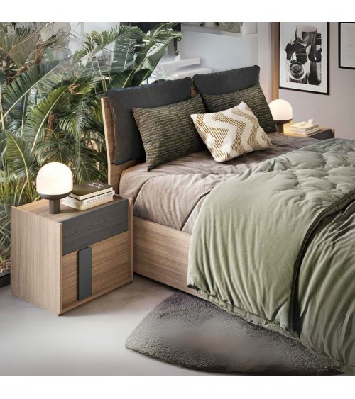 Camera da letto Faba con armadio 4 ante noce e grigio e letto contenitore in legno noce