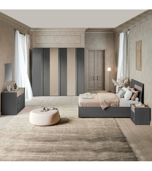 Camera da letto Faba con armadio 6 ante battenti in grigio e talco e letto contenitore in legno colore grigio e dettaglio talco