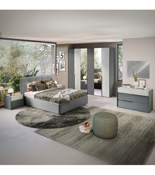Camera da letto Faba in grigio e cemento con armadio 6 ante battenti a specchio e letto contenitore Ascoli grigio