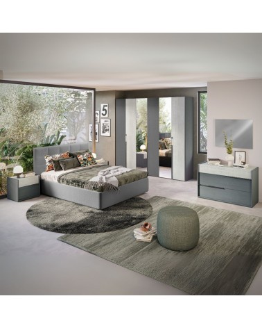 Camera da letto Faba in grigio e cemento con armadio 6 ante battenti a specchio e letto contenitore Ascoli grigio