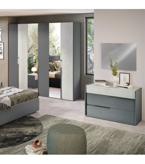 Camera da letto Faba in grigio e cemento con armadio 6 ante battenti a specchio e letto contenitore Ascoli grigio