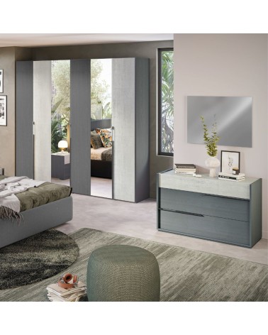 Camera da letto Faba in grigio e cemento con armadio 6 ante battenti a specchio e letto contenitore Ascoli grigio