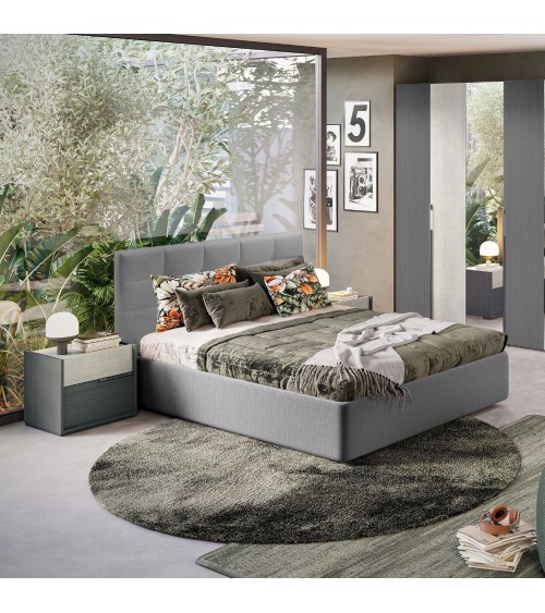Camera da letto Faba in grigio e cemento con armadio 6 ante battenti a specchio e letto contenitore Ascoli grigio