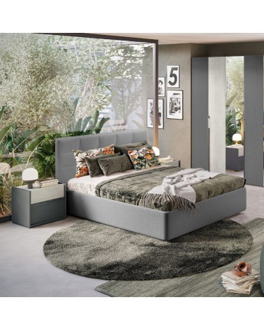 Camera da letto Faba in grigio e cemento con armadio 6 ante battenti a specchio e letto contenitore Ascoli grigio