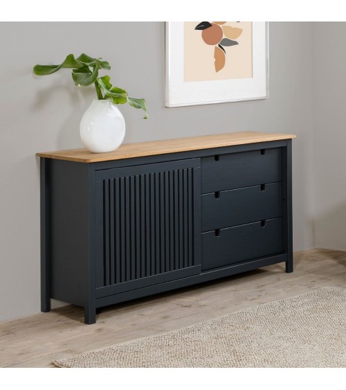 Credenza Bruna con 1 anta scorrevole e 3 cassetti  in legno massiccio colore grigio antracite e top pino