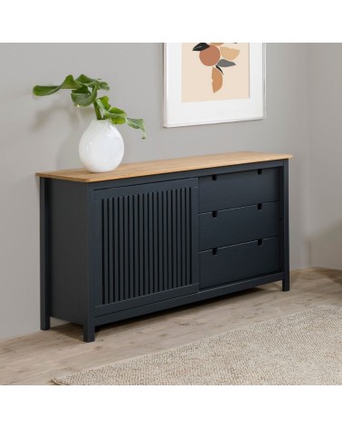Credenza Bruna con 1 anta scorrevole e 3 cassetti  in legno massiccio colore grigio antracite e top pino