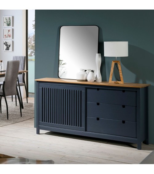 Credenza Bruna con 1 anta scorrevole e 3 cassetti  in legno massiccio colore grigio antracite e top pino