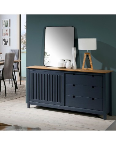 Credenza Bruna con 1 anta scorrevole e 3 cassetti  in legno massiccio colore grigio antracite e top pino