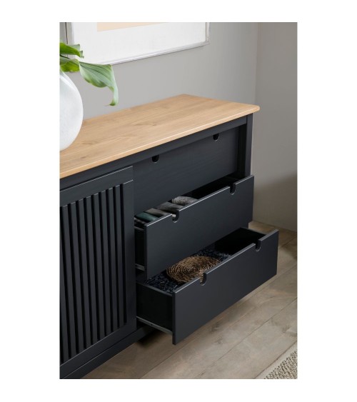 Credenza Bruna con 1 anta scorrevole e 3 cassetti  in legno massiccio colore grigio antracite e top pino