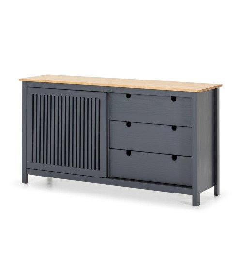 Credenza Bruna con 1 anta scorrevole e 3 cassetti  in legno massiccio colore grigio antracite e top pino