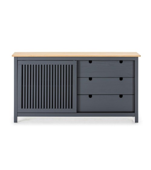 Credenza Bruna con 1 anta scorrevole e 3 cassetti  in legno massiccio colore grigio antracite e top pino