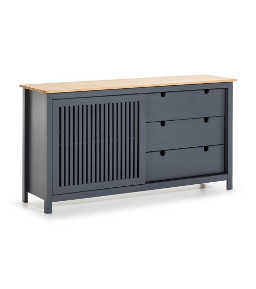 Credenza Bruna con 1 anta scorrevole e 3 cassetti  in legno massiccio colore grigio antracite e top pino